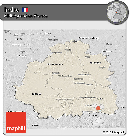 Shaded Relief 3D Map of Indre, desaturated