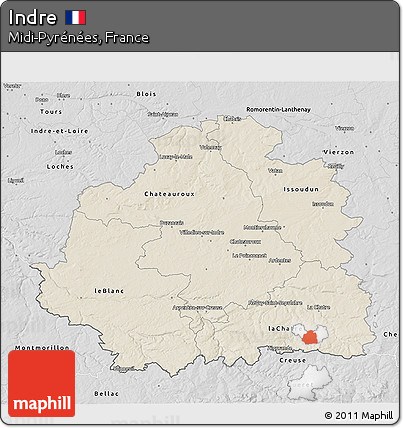 Shaded Relief 3D Map of Indre, desaturated
