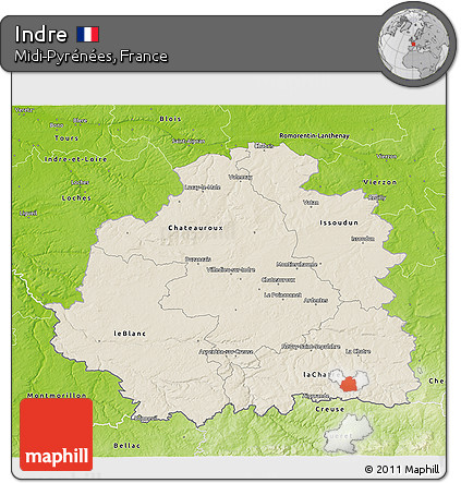 Shaded Relief 3D Map of Indre, physical outside