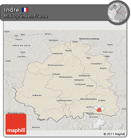Shaded Relief 3D Map of Indre, semi-desaturated