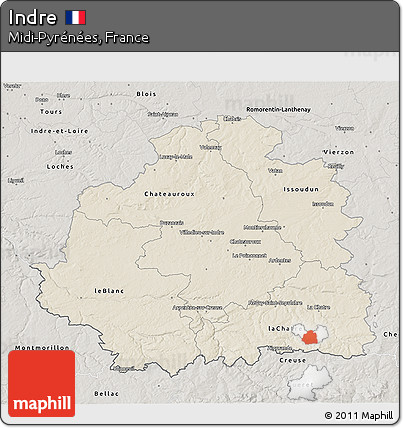 Shaded Relief 3D Map of Indre, semi-desaturated