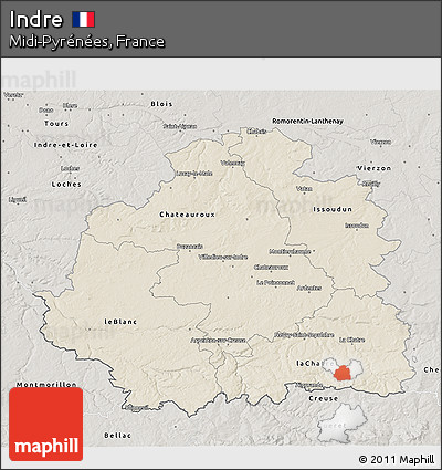 Shaded Relief 3D Map of Indre, semi-desaturated