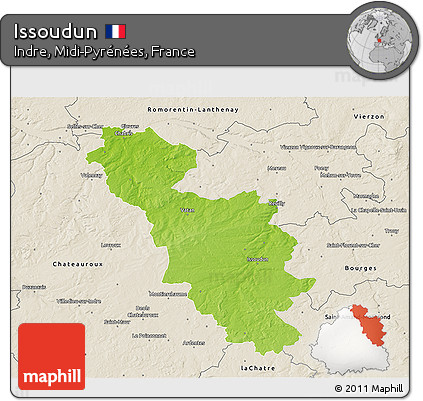 Physical 3D Map of Issoudun, shaded relief outside