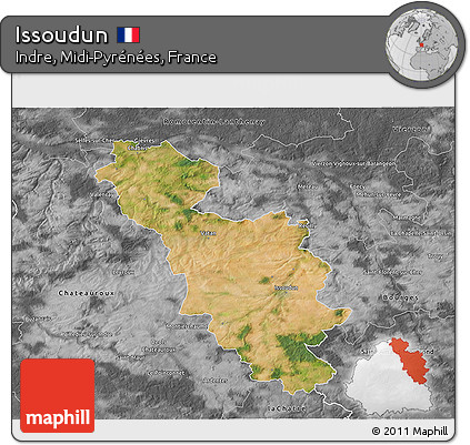 Satellite 3D Map of Issoudun, desaturated