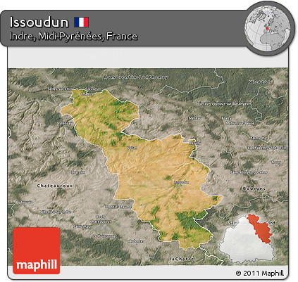 Satellite 3D Map of Issoudun, semi-desaturated