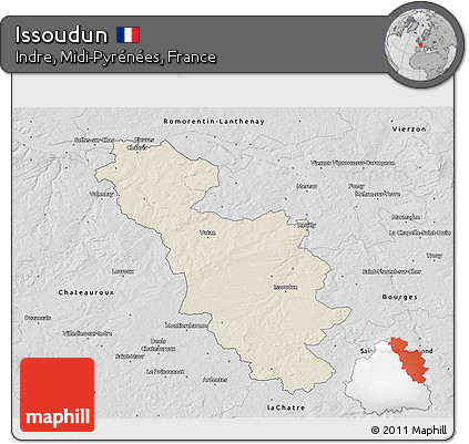Shaded Relief 3D Map of Issoudun, desaturated