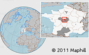 Gray Location Map of Issoudun, highlighted country, highlighted grandparent region, hill shading
