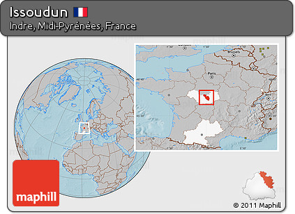 Gray Location Map of Issoudun, highlighted grandparent region, hill shading