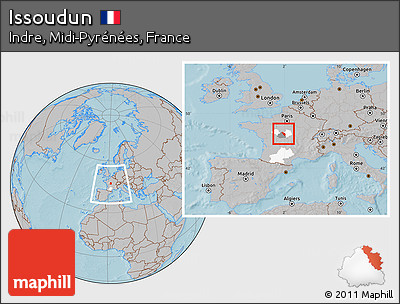 Gray Location Map of Issoudun, highlighted parent region, highlighted grandparent region, within the entire country, hill shading