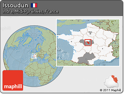 Savanna Style Location Map of Issoudun, highlighted country, highlighted grandparent region, hill shading