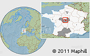 Savanna Style Location Map of Issoudun, highlighted country, highlighted grandparent region, hill shading