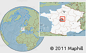 Savanna Style Location Map of Issoudun, highlighted country, highlighted parent region, hill shading