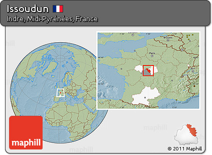 Savanna Style Location Map of Issoudun, highlighted parent region, highlighted grandparent region, hill shading