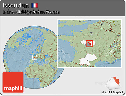 Savanna Style Location Map of Issoudun, highlighted parent region, highlighted grandparent region, hill shading