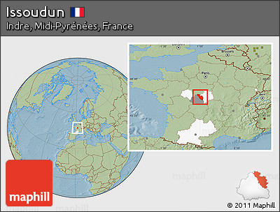 Savanna Style Location Map of Issoudun, highlighted parent region, highlighted grandparent region, hill shading