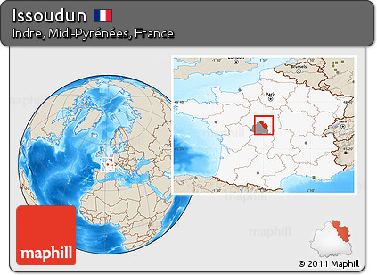 Shaded Relief Location Map of Issoudun, highlighted country, highlighted parent region