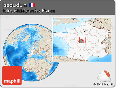 Shaded Relief Location Map of Issoudun, highlighted country, highlighted parent region