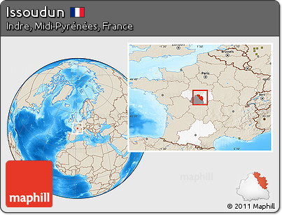 Shaded Relief Location Map of Issoudun, highlighted parent region, highlighted grandparent region