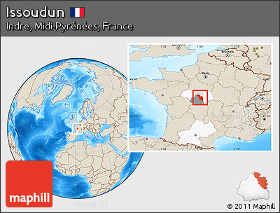 Shaded Relief Location Map of Issoudun, highlighted parent region, highlighted grandparent region