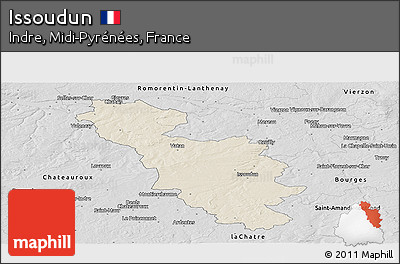Shaded Relief Panoramic Map of Issoudun, desaturated