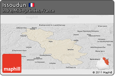 Shaded Relief Panoramic Map of Issoudun, desaturated