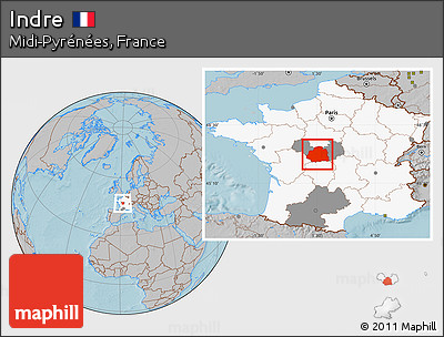 Gray Location Map of Indre, highlighted country, highlighted parent region, hill shading