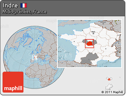 Gray Location Map of Indre, highlighted country, highlighted parent region, hill shading