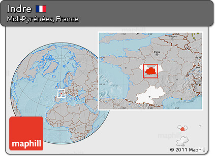 Gray Location Map of Indre, highlighted parent region, hill shading