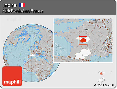 Gray Location Map of Indre, highlighted parent region, hill shading