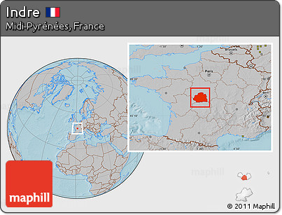 Gray Location Map of Indre, hill shading