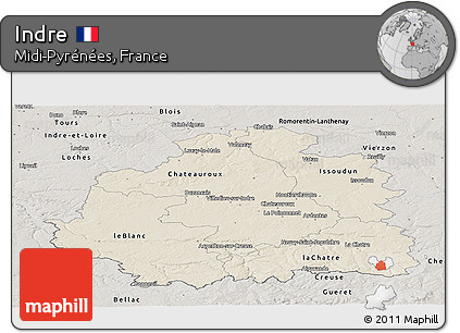 Shaded Relief Panoramic Map of Indre, semi-desaturated