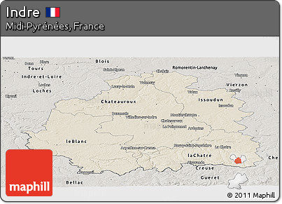 Shaded Relief Panoramic Map of Indre, semi-desaturated