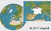 Satellite Location Map of Calais, highlighted country, highlighted parent region, within the entire country