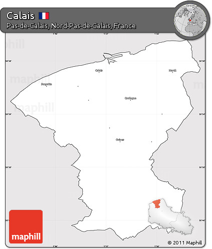 Silver Style Simple Map of Calais, cropped outside