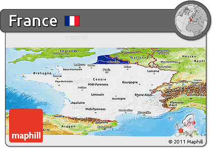 Flag Panoramic Map of France, physical outside, bathymetry sea, flag aligned to the middle