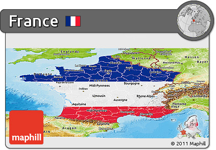 Flag Panoramic Map of France, physical outside, bathymetry sea, flag rotated