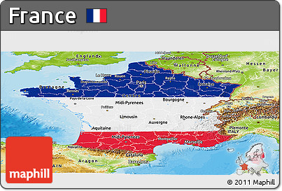 Flag Panoramic Map of France, physical outside, bathymetry sea, flag rotated