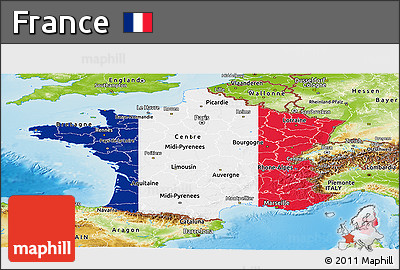 Flag Panoramic Map of France, physical outside, flag centered