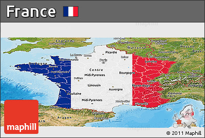 Flag Panoramic Map of France, satellite outside, bathymetry sea, flag centered