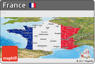 Flag Panoramic Map of France, satellite outside, bathymetry sea, flag centered