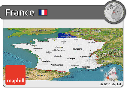 Flag Panoramic Map of France, satellite outside, flag aligned to the middle