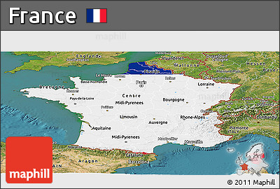 Flag Panoramic Map of France, satellite outside, flag aligned to the middle