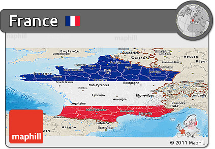 Flag Panoramic Map of France, shaded relief outside, bathymetry sea, flag rotated