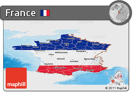 Flag Panoramic Map of France, single color outside, bathymetry sea, shaded relief sea, flag rotated