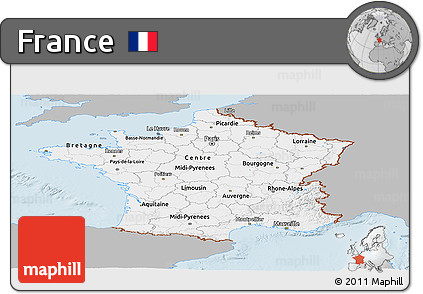 Gray Panoramic Map of France, single color outside