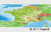 Physical Panoramic Map of France, political shades outside, shaded relief sea