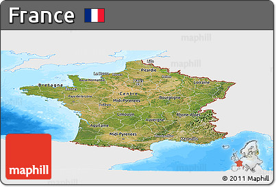 Satellite Panoramic Map of France, single color outside, bathymetry sea