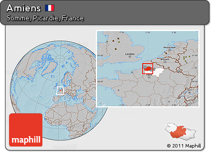 Gray Location Map of Amiens, highlighted parent region, highlighted grandparent region, hill shading