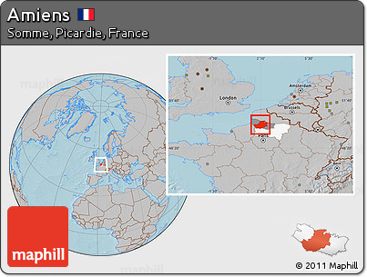 Gray Location Map of Amiens, highlighted parent region, highlighted grandparent region, hill shading