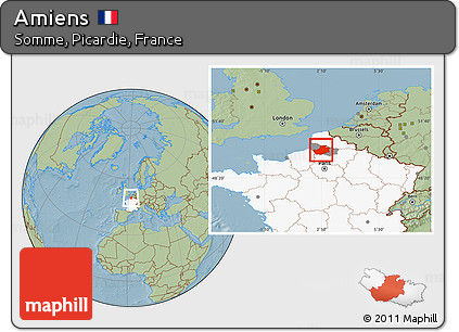 Savanna Style Location Map of Amiens, highlighted country, highlighted parent region, hill shading